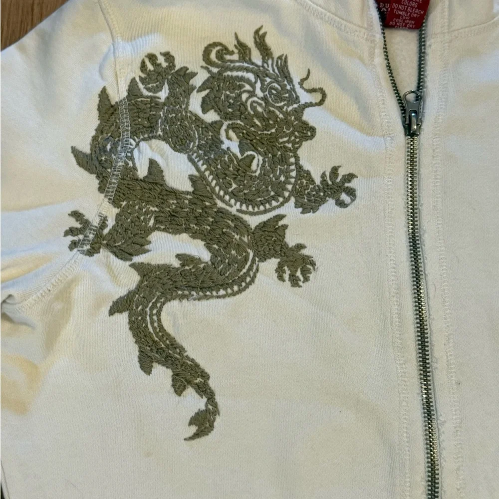 Vintage Lucky Brand Cream Zip-Up Embroidered Dragon Sweatshirt - Picture 2 of 5